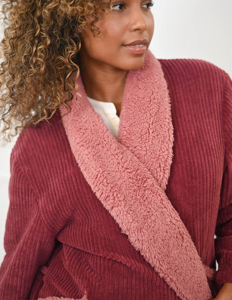 Peignoir polaire cotelé doublé sherpa...