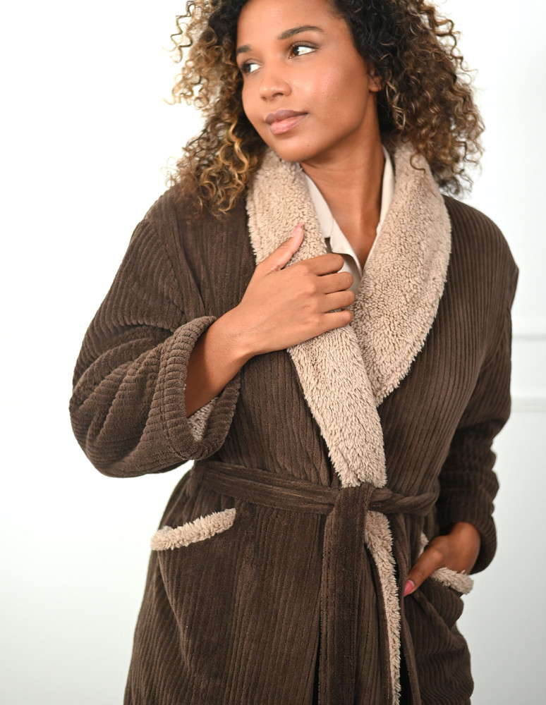 Peignoir polaire cotelé doublé sherpa...